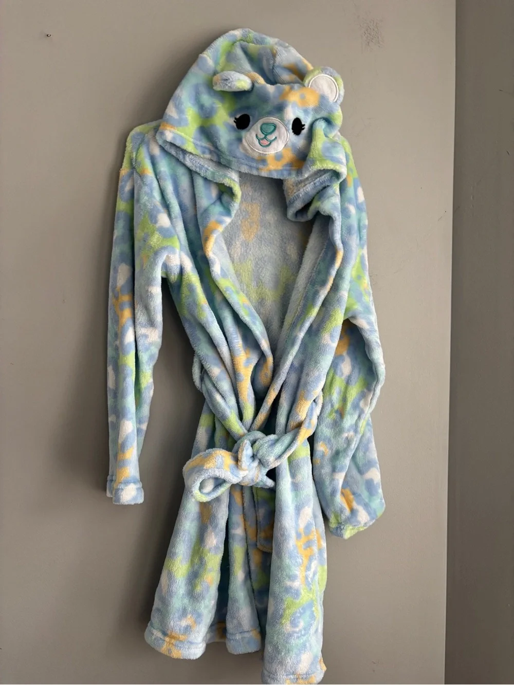 Squishmallows Pastel Blue Bear Hooded Robe with Yellow & Green Accents